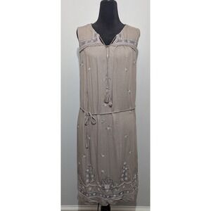 Fourteenth Place Embroidered Gray Blue Floral Dress, Sz L, Tassel Tie No Sleeves
